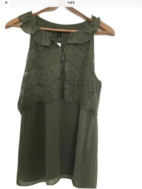 Banana Republic Olive Lace Yoke Ruffle Neck Camisole
